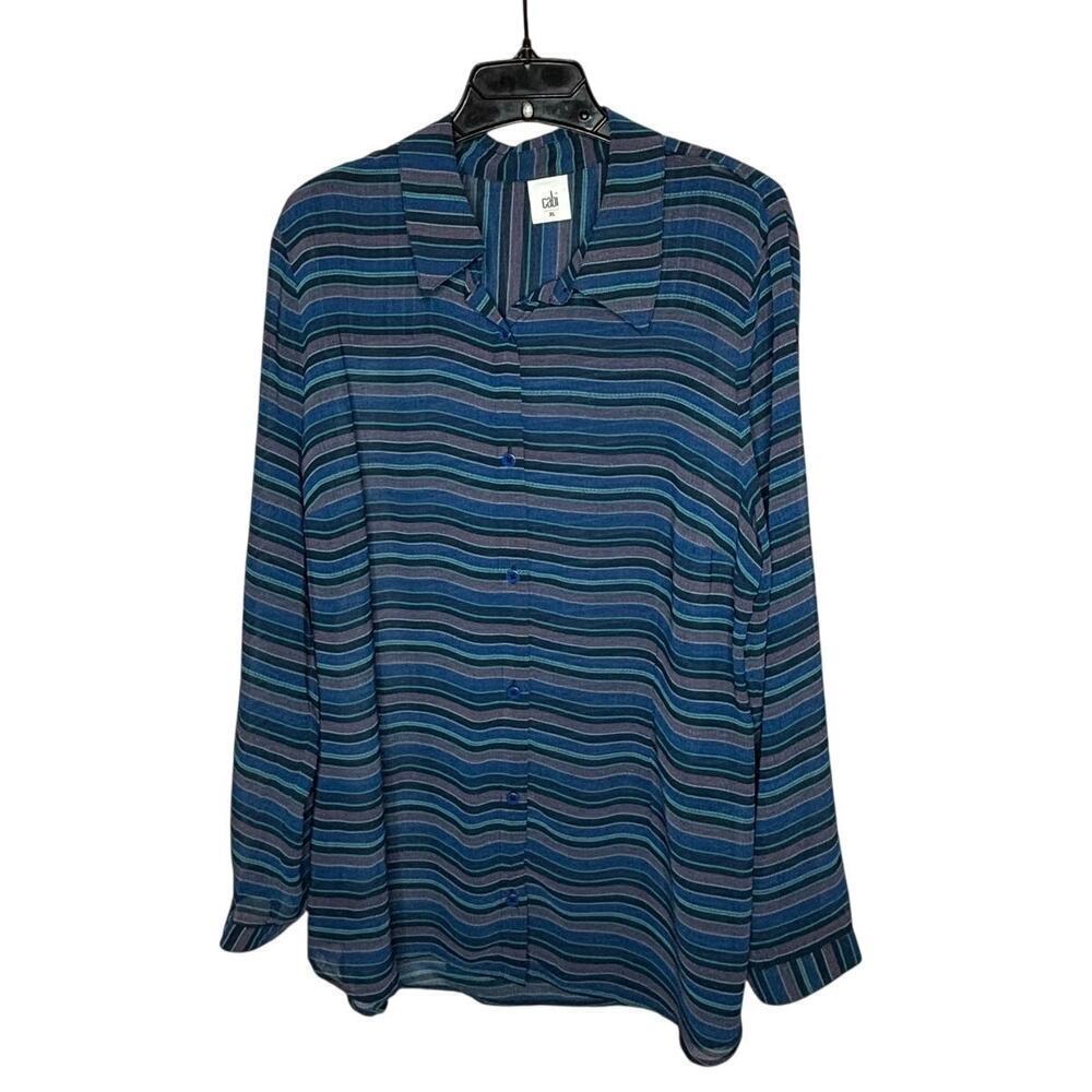 CAbi Alex Button Down Striped Full Draped Split Back Flowy Longline Top Size XL